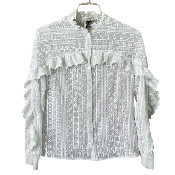 Topshop Lace Ruffle Button Down Blouse Ruffle Yoke and Sleeve Size 2 Long Sleeve - Picture 1 of 16